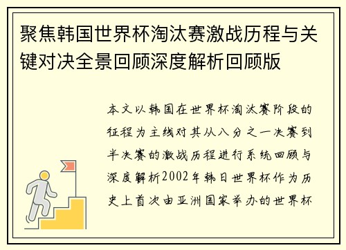 聚焦韩国世界杯淘汰赛激战历程与关键对决全景回顾深度解析回顾版